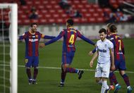 Messi celebrates after equaling Pele's record for most number of goals for a single club